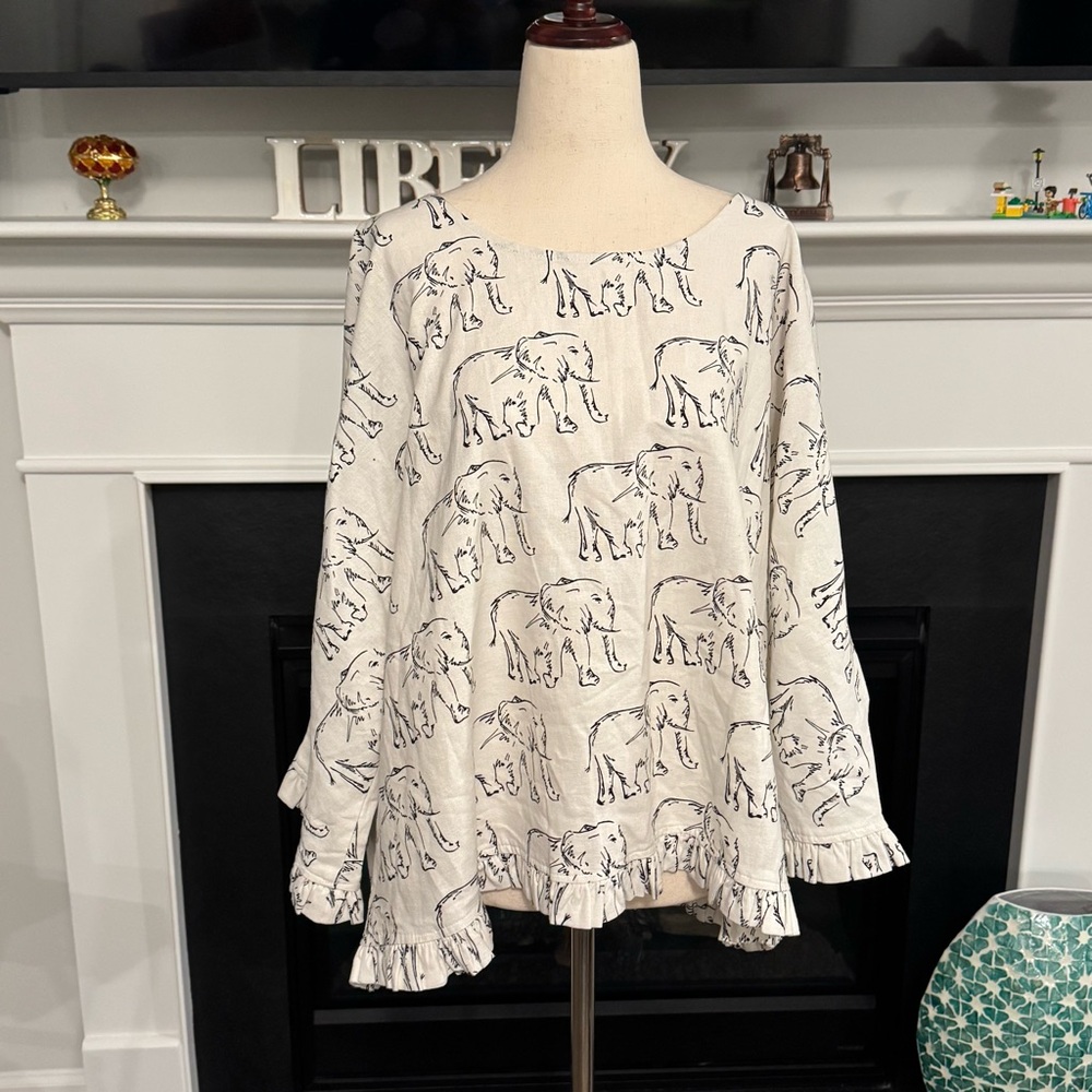For Cynthia Elephant Print Linen Blend Ruffle Hem Top – Size XL